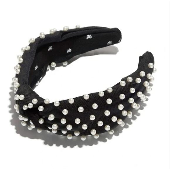 RARE Lele Sadoughi Timeless Chic Black Knotted Pearl Headband Gold Logo - Picture 7 of 9